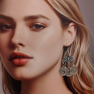NWT Silver Tone Chandelier Coin‎ Boho Earrings